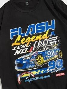 ROMWE MEN Street Life 男士汽車和字母圖案T恤 - 黑色 - 查看 3