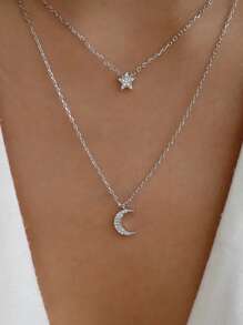 Rhinestone Moon & Star Charm Layered Necklace