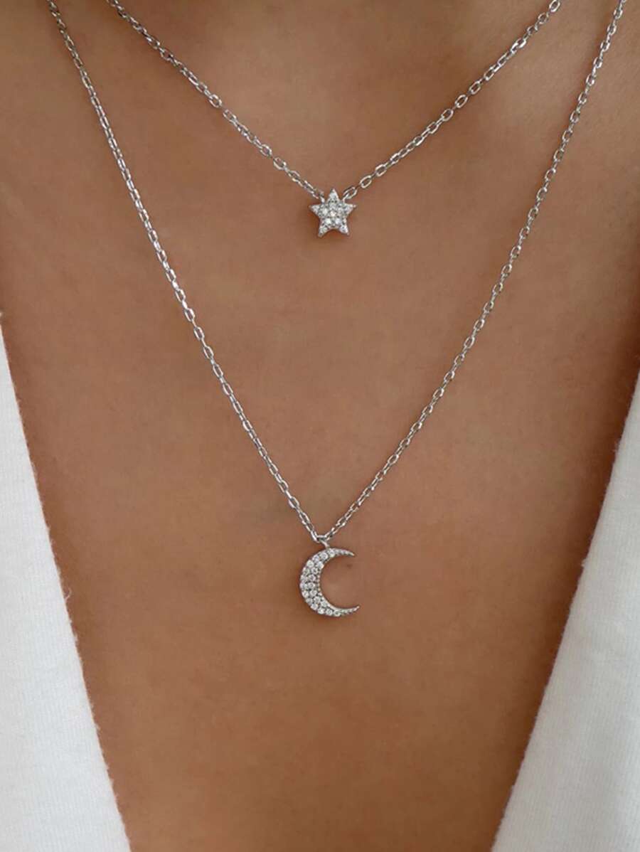 Rhinestone Moon & Star Charm Layered Necklace