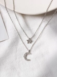 Rhinestone Moon & Star Charm Layered Necklace