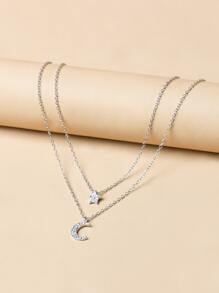 Rhinestone Moon & Star Charm Layered Necklace