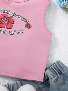 Girls Floral & Letter Graphic Tank Top - Pink - View 4