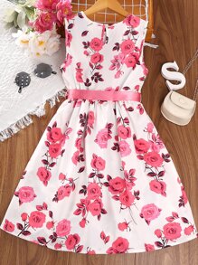 女孩印花繫腰帶連衣裙 - 彩色 - 查看 2