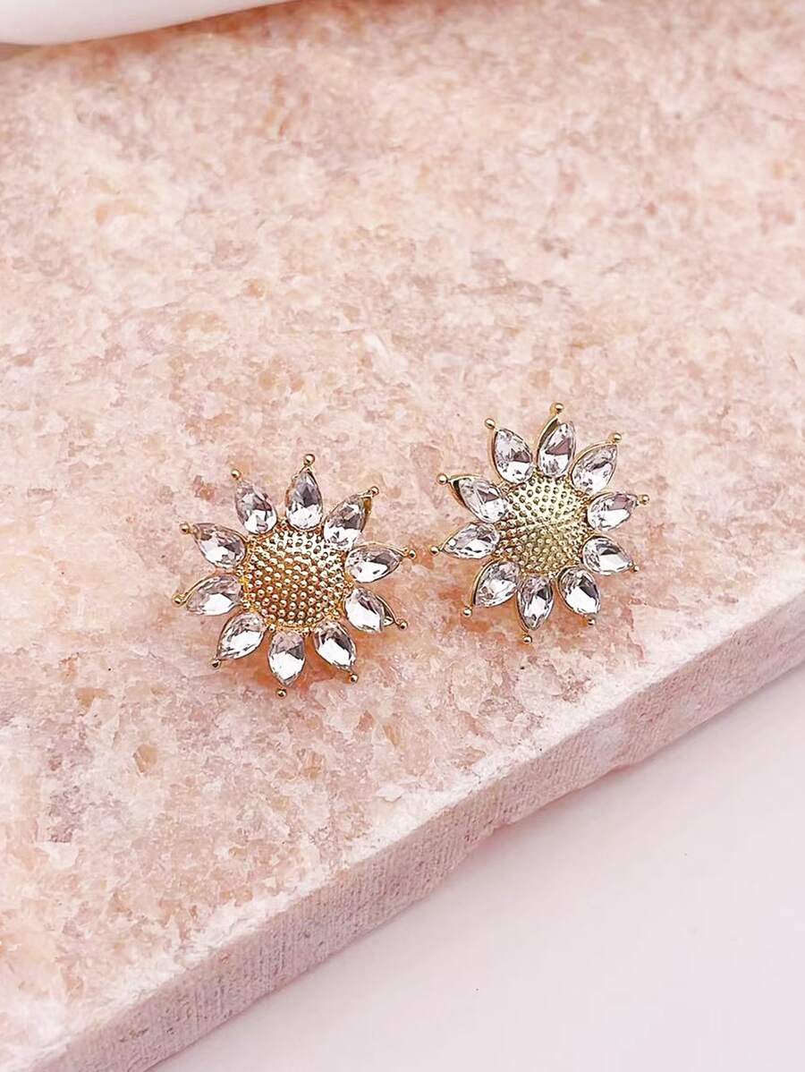 Pendientes de tachuela con diseño de diamante de imitación con girasol - Multicolor - Ver 1