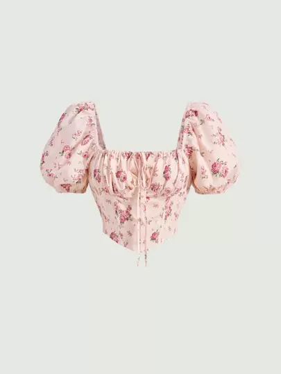 SHEIN MOD Floral Print Tie Front Ruched Bust Puff Sleeve Crop Corset Structure Blouse