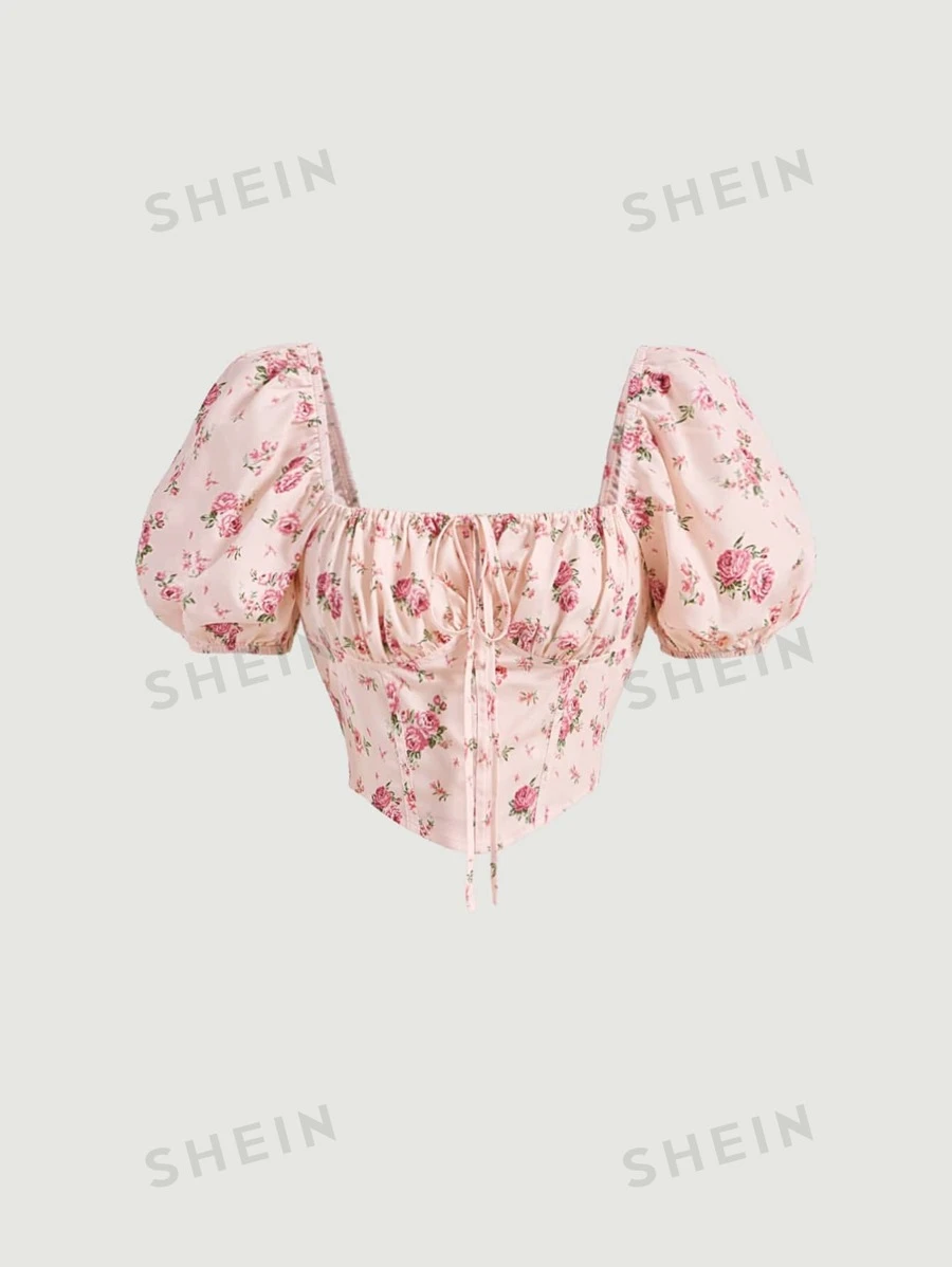 SHEIN MOD Floral Print Tie Front Ruched Bust Puff Sleeve Crop Corset ...