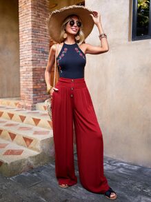 SHEIN LUNE Quần nữ Túi Dải chun Nút phía trước màu trơn Giải trí - Đỏ - Xem 5