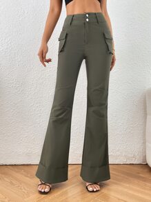 SHEIN Essnce Flap Pocket Side Flare Leg Trousers - Army Green - View 5