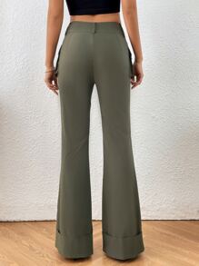 SHEIN Essnce Flap Pocket Side Flare Leg Trousers - Army Green - View 2