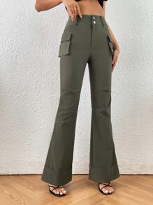 SHEIN Essnce Flap Pocket Side Flare Leg Trousers - Army Green - View 6