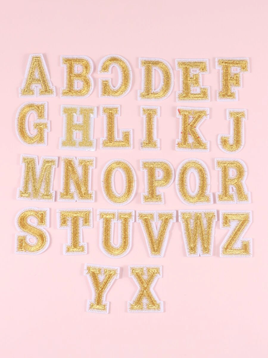 26pcs Creative English Alphabet Heat Transfer Sticker Patch Embroidered Iron-On Applique For Diy Sewing - Gold - View 1