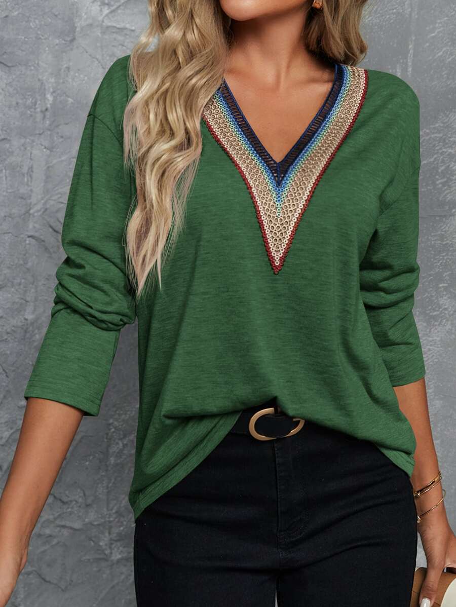 SHEIN LUNE 織帶拼接落肩T恤 - 墨綠色 - 查看 1