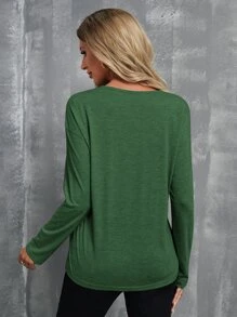 SHEIN LUNE 織帶拼接落肩T恤 - 墨綠色 - 查看 2