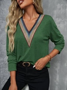 SHEIN LUNE 織帶拼接落肩T恤 - 墨綠色 - 查看 4