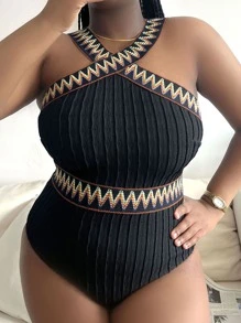 SHEIN Swim Curve Summer Beach Plus Chevron Tape Crisscross Front Halter One Piece Swimsuit - Black - View 1