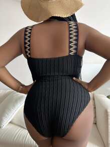 SHEIN Swim Curve Summer Beach Plus Chevron Tape Crisscross Front Halter One Piece Swimsuit - Black - View 2