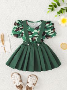 嬰兒迷彩印花泡泡袖T恤和百褶背带半身裙 - 彩色 - 查看 1