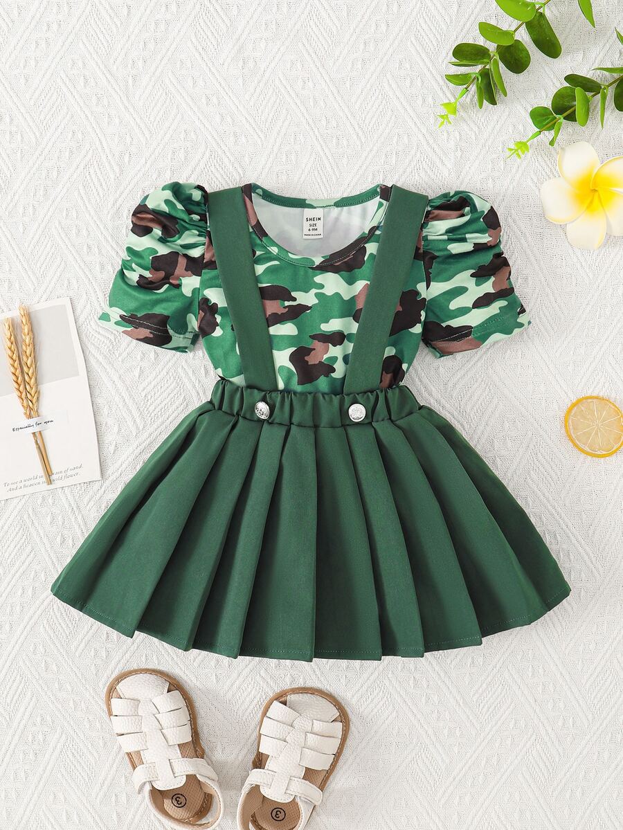 嬰兒迷彩印花泡泡袖T恤和百褶背带半身裙 - 彩色 - 查看 1