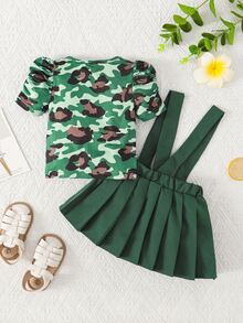嬰兒迷彩印花泡泡袖T恤和百褶背带半身裙 - 彩色 - 查看 2