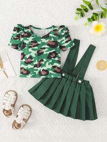 嬰兒迷彩印花泡泡袖T恤和百褶背带半身裙 - 彩色 - 查看 3