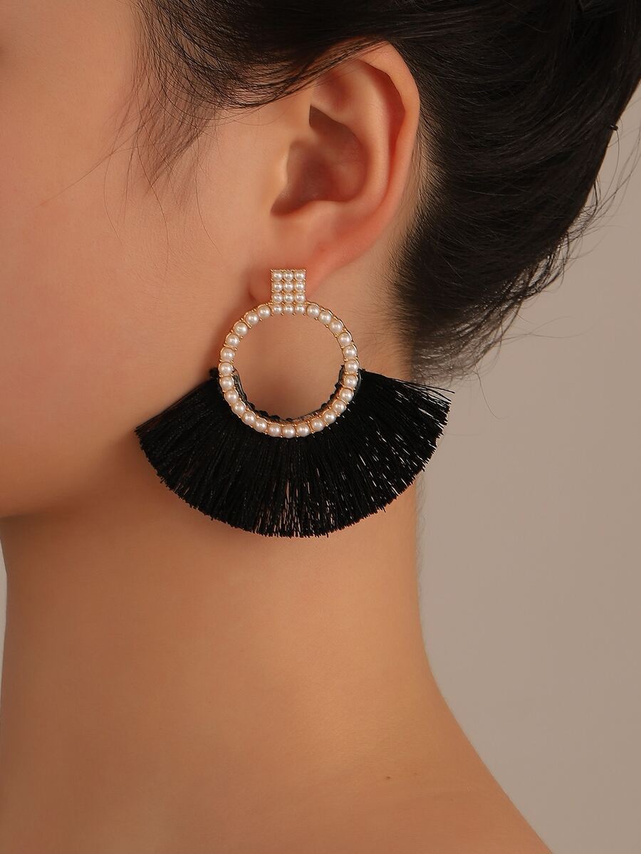 Faux Pearl Decor Tassel Drop Earrings - Black - View 1