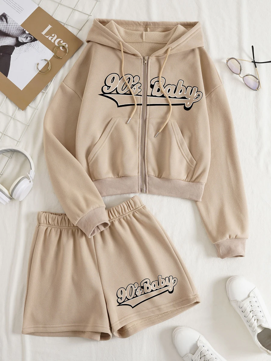 SHEIN EZwear 字母圖案拉鏈開襟落肩袖抽繩加絨內裏連帽衫和短褲 - 卡其色 - 查看 1