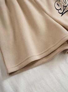 SHEIN EZwear 字母圖案拉鏈開襟落肩袖抽繩加絨內裏連帽衫和短褲 - 卡其色 - 查看 3