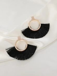 Faux Pearl Decor Tassel Drop Earrings - Black - View 2