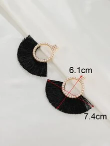 Faux Pearl Decor Tassel Drop Earrings - Black - View 4