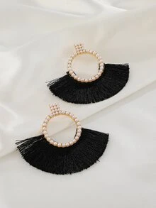 Faux Pearl Decor Tassel Drop Earrings - Black - View 5