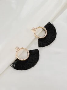 Faux Pearl Decor Tassel Drop Earrings - Black - View 6