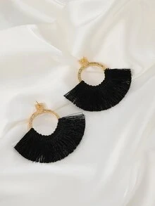 Faux Pearl Decor Tassel Drop Earrings - Black - View 7