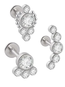 3 piezas Pendiente de tachuela con diseño de diamante de imitación - Plateado - Ver 1