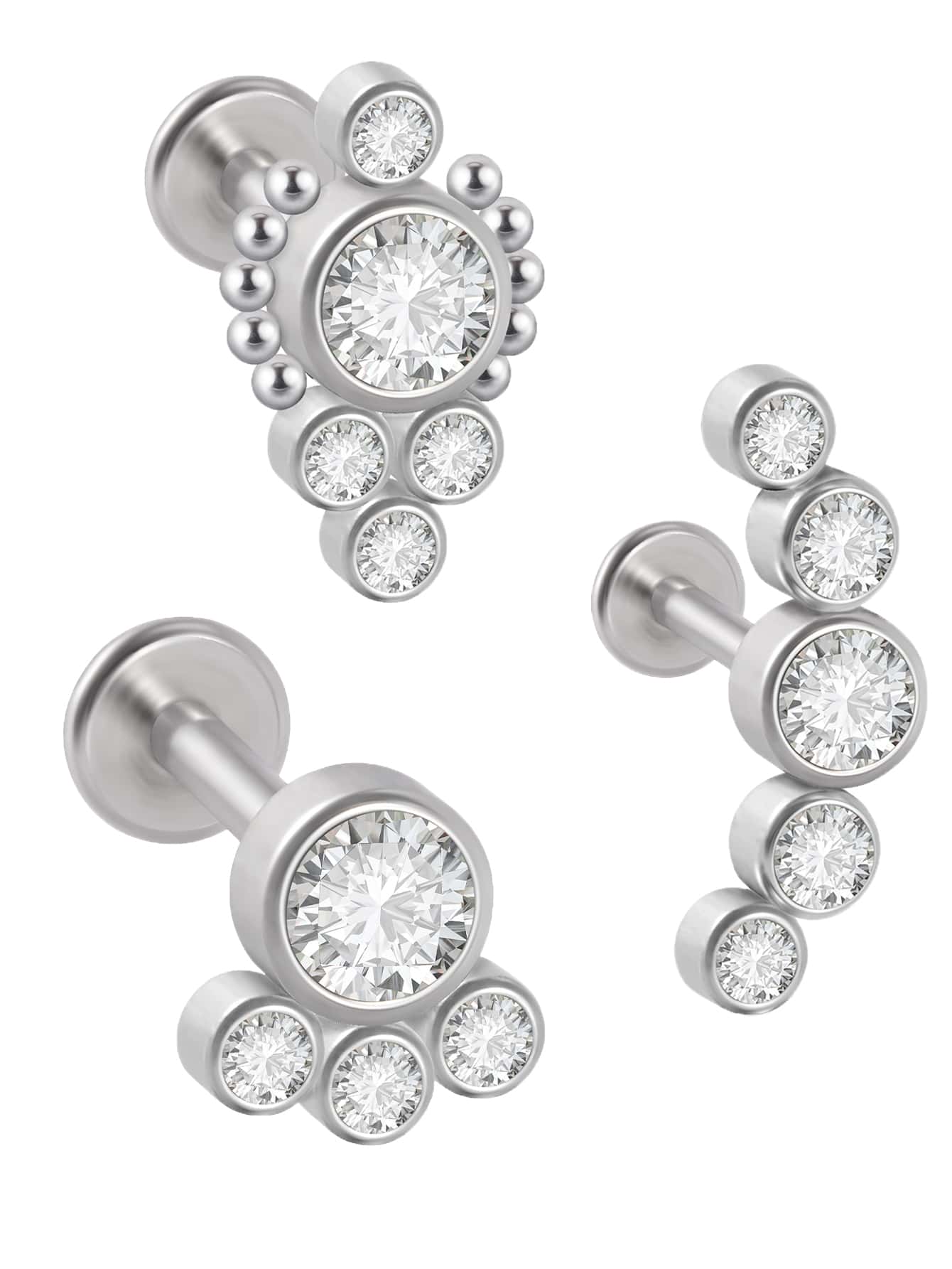 3 piezas Pendiente de tachuela con diseño de diamante de imitación - Plateado - Ver 1