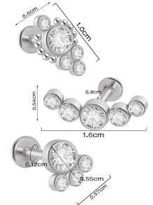 3 piezas Pendiente de tachuela con diseño de diamante de imitación - Plateado - Ver 4