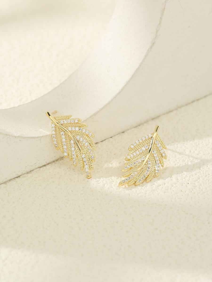 2pcs Cubic Zirconia Leaf Stud Earrings - Yellow Gold - View 1