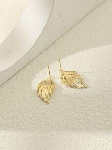 2pcs Cubic Zirconia Leaf Stud Earrings - Yellow Gold - View 2
