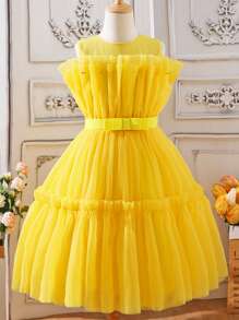 SHEIN Chicas Vestido ribete fruncido bajo con fruncido de malla - Amarillo - Ver 1