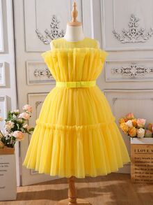 SHEIN Chicas Vestido ribete fruncido bajo con fruncido de malla - Amarillo - Ver 3