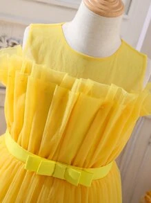 SHEIN Chicas Vestido ribete fruncido bajo con fruncido de malla - Amarillo - Ver 5