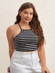 SHEIN BASICS Top Halter Corto Con Estampado De Rayas - Blanco y Negro - Ver 2