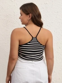 SHEIN BASICS Top Halter Corto Con Estampado De Rayas - Blanco y Negro - Ver 3