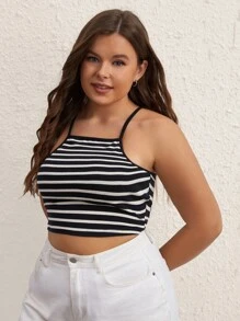 SHEIN BASICS Top Halter Corto Con Estampado De Rayas - Blanco y Negro - Ver 4