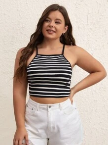 SHEIN BASICS Top Halter Corto Con Estampado De Rayas - Blanco y Negro - Ver 5