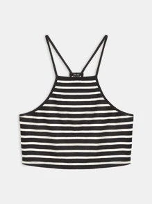 SHEIN BASICS Top Halter Corto Con Estampado De Rayas - Blanco y Negro - Ver 1