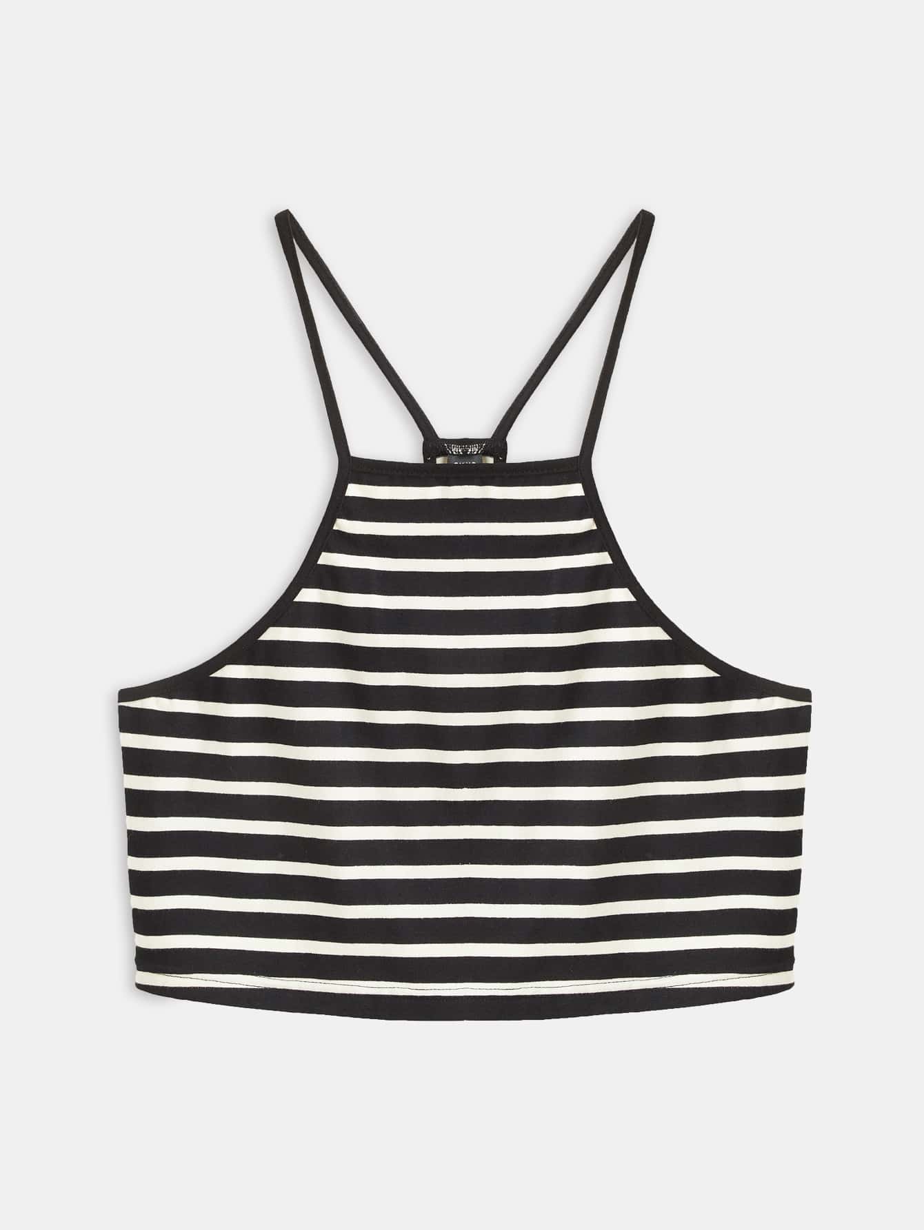 SHEIN BASICS Top Halter Corto Con Estampado De Rayas - Blanco y Negro - Ver 1