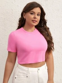 SHEIN BASICS Plus Size Short Sleeve Solid Crop Tee - Pink - View 3