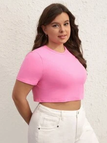 SHEIN BASICS Plus Size Short Sleeve Solid Crop Tee - Pink - View 4