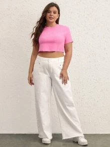 SHEIN BASICS Plus Size Short Sleeve Solid Crop Tee - Pink - View 5