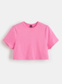 SHEIN BASICS Plus Size Short Sleeve Solid Crop Tee - Pink - View 6